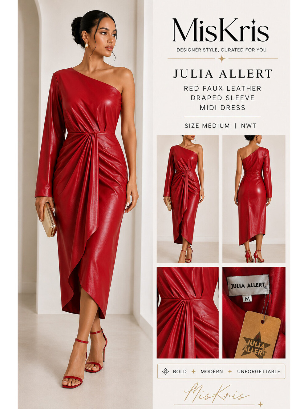 Julia Allert Red Faux Leather Draped Sleeve Midi Dress Size M NWT